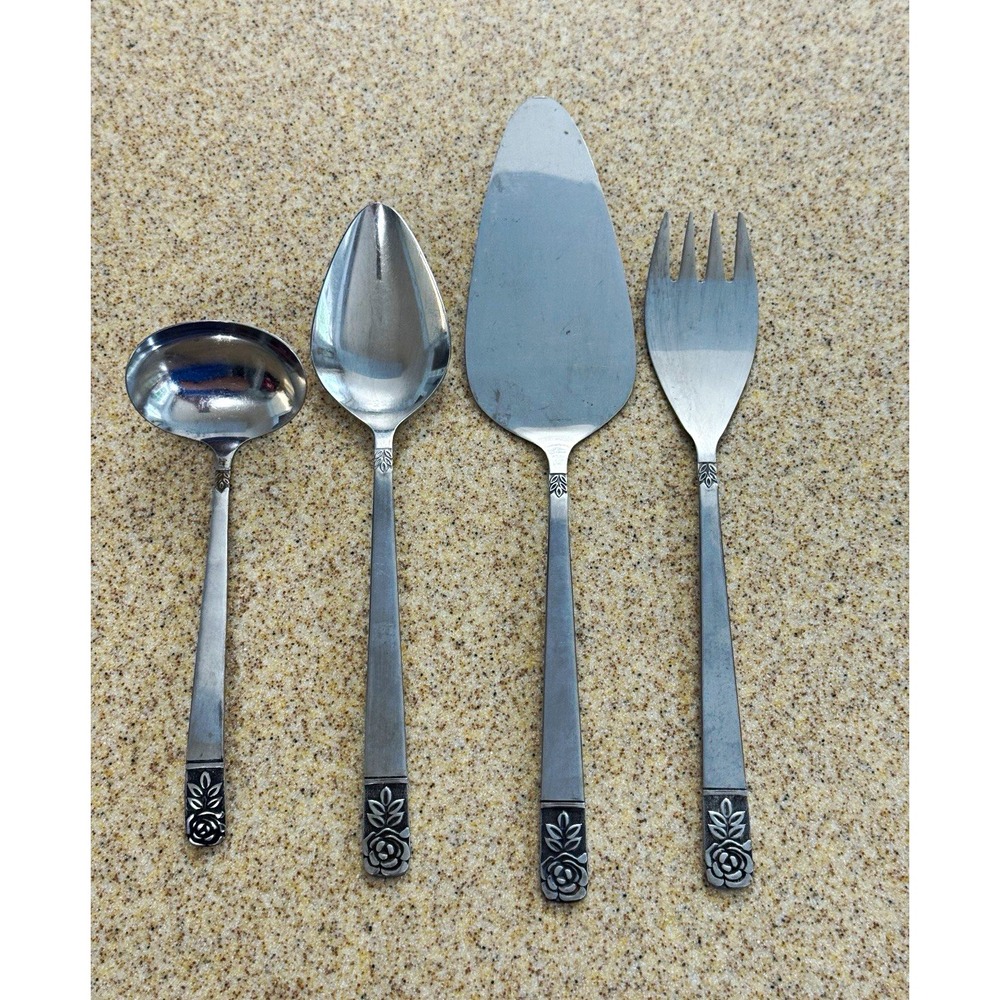 St. Regis SRE1 4pc Stainless Steel Serving Set Spoon Server Fork Rose Leaves